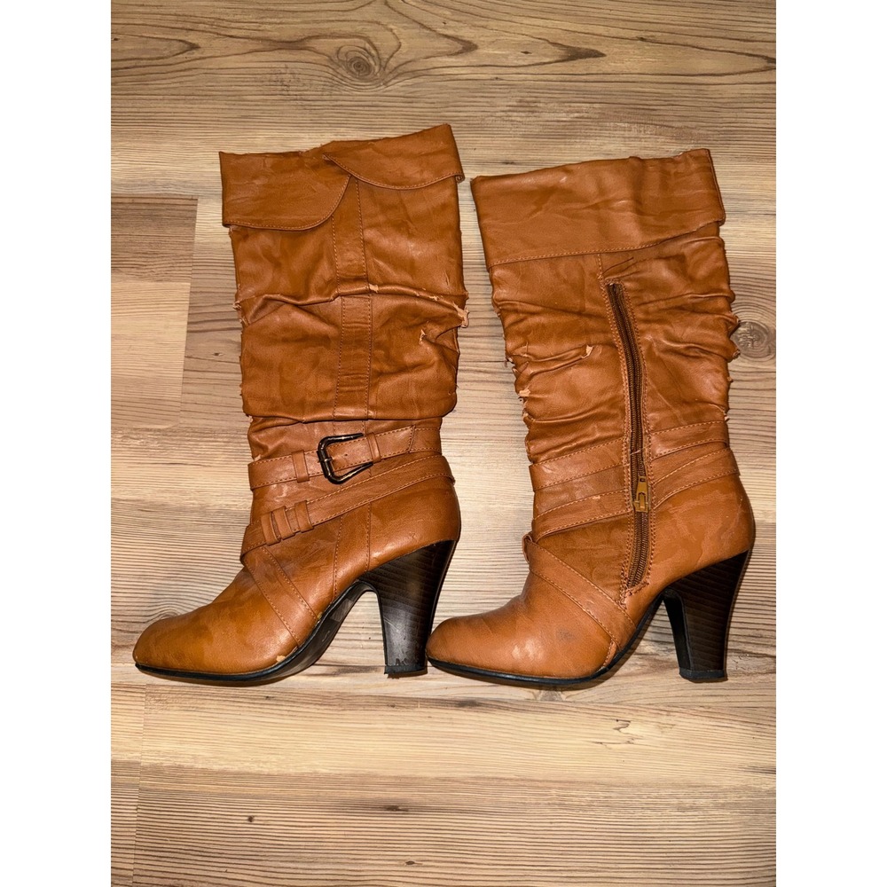 Rue21 etc Womens Cognac Brown Slouchy High Heel Buckle Boots Size Small